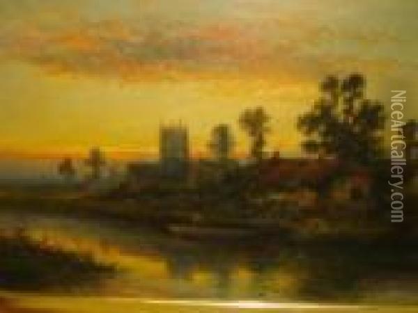 River Scene At Sunset Oil Painting - William Langley