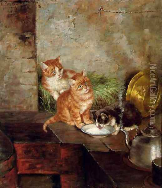 Three cats in the kitchen Oil Painting - Minna Stocks
