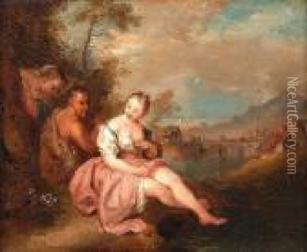 Two Nymphs With A Satyr In A River Landscape, A View To A Village Beyond Oil Painting - Jean-Baptiste Joseph Pater