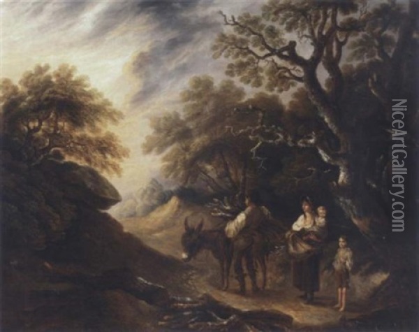 A Wood Gatherer And His Family Loading A Donkey In An Extensive Landscape Oil Painting - Thomas Barker