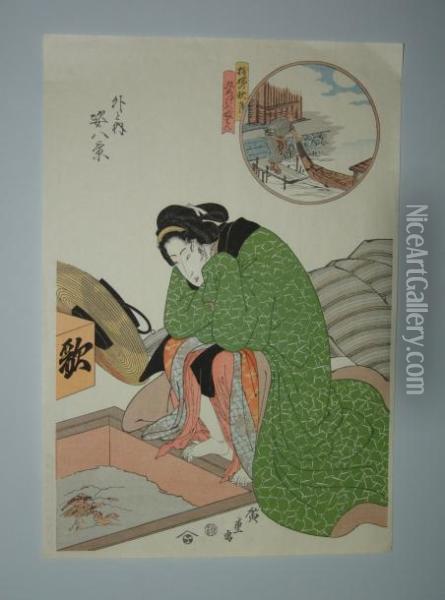 Une Jeune Femme Chauffe Ses Pieds Au-dessus D'un Hibachi Oil Painting - Utagawa or Ando Hiroshige