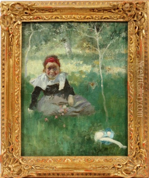 Young Girl Seated In A Pasture With Trees Oil Painting - Charles E. Waltensperger