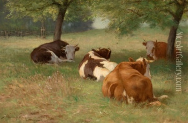 Cows In A Grassy Field Oil Painting - William Henry Howe