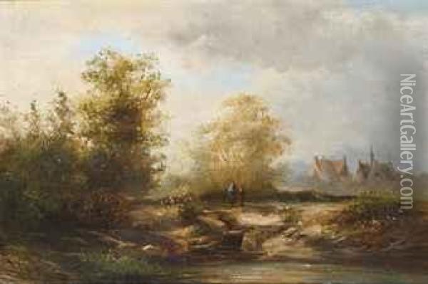 Summer Landscape With Figures Near A Farmhouse Oil Painting - Pieter Lodewijk Francisco Kluyver