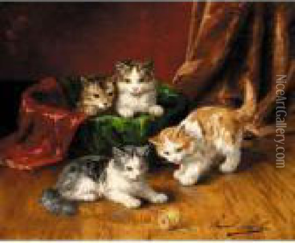Playful Kittens Oil Painting - Alphonse de Neuville