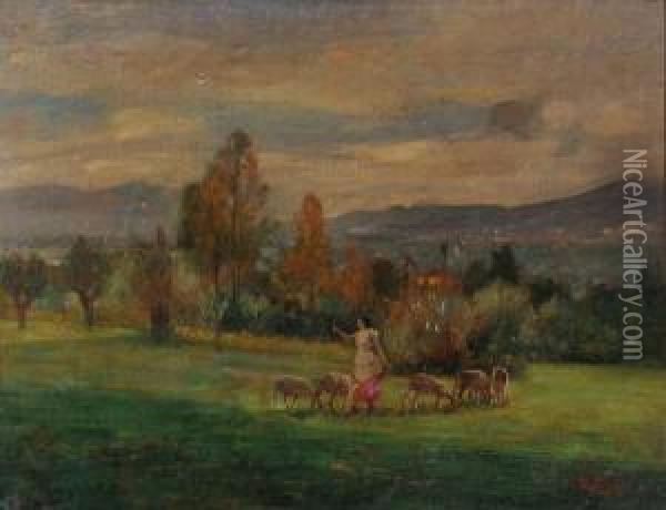 Contadinella Con Gregge Oil Painting - Enrico Sorio