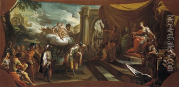 Enea Davanti A Didone Nel Tempio Di Giunone A Cartago: Aeneas Vor Dido Im Tempel Der Juno In Karthago Oil Painting - Corrado Giaquinto
