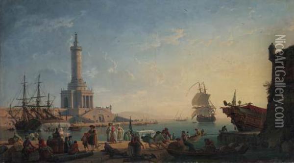 A Mediterranean Harbour At 
Sunset With Fisherfolk And Merchants Ona Quay, A Lighthouse Beyond Oil Painting - Claude-joseph Vernet
