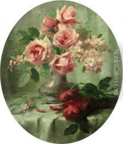 Nature Morte Au Vase De Roses. Oil Painting - Frans Mortelmans