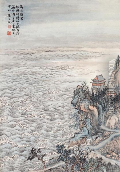 Pavilion Over Waves Oil Painting - Lu Hui