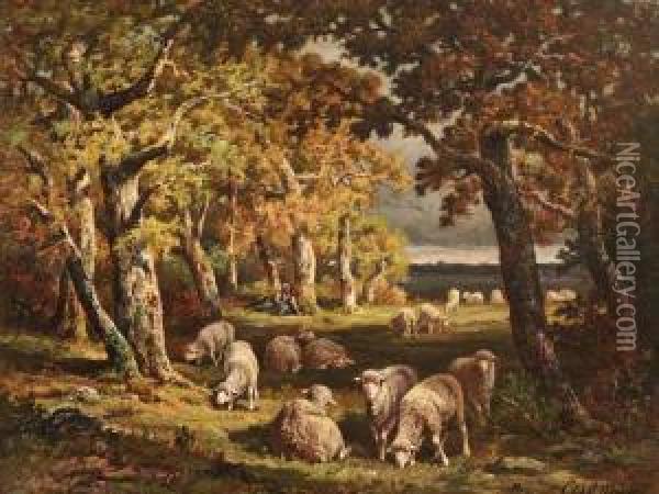 A L'oree De La Foretde Fontainebleau Oil Painting - Charles Ferdinand Ceramano