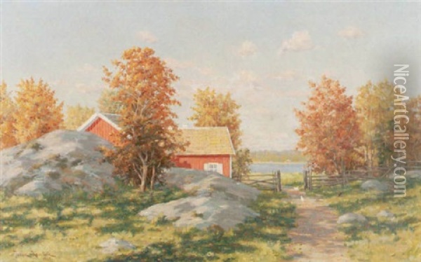 Sommarlandskap Med Pickande Hons Oil Painting - Johan Fredrik Krouthen