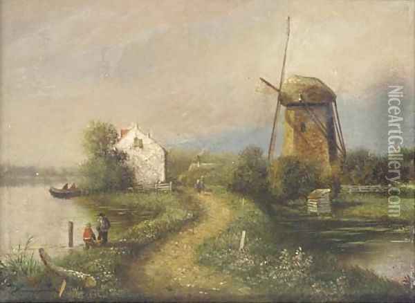 Figures on a track with figures and a windmill beyond Oil Painting - Dutch School