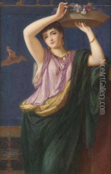 Fanciulla Con Cesto Di Fiori In Un Interno Pompeiano Oil Painting - Auguste Jules Bouvier, N.W.S.