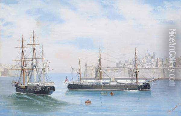 Two Royal Navy Ironclads Lying In Grand Harbour, Valetta, Malta Oil Painting - Antonio de Simone