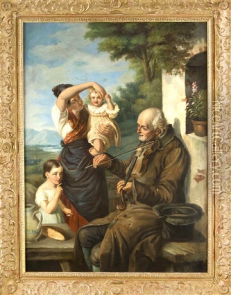 Violine Spielender Bettler Vor Einer Frau Mit Ihren Zwei Kindern U. Alpiner Landschaft Im Hintergr. Oil Painting - Joseph Haier