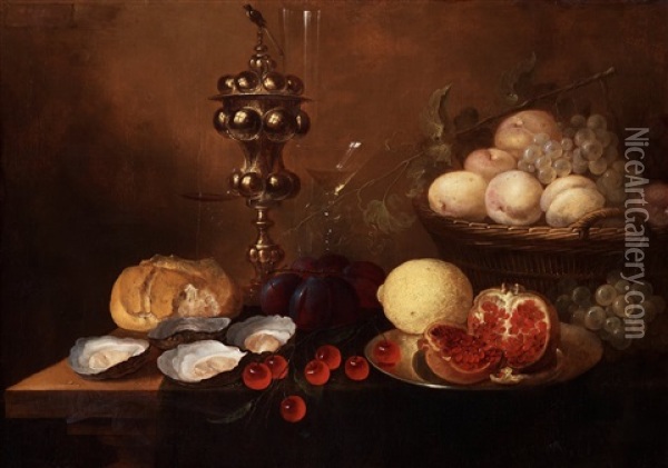 Still Life With A Silver Beaker, Oysters, Pomegranate, Cherries And Grapes Oil Painting - Jan van den Hecke the Elder