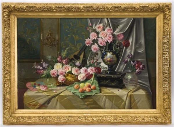 Monumental Still Life With Flowers And Fruit Oil Painting - Max Carlier