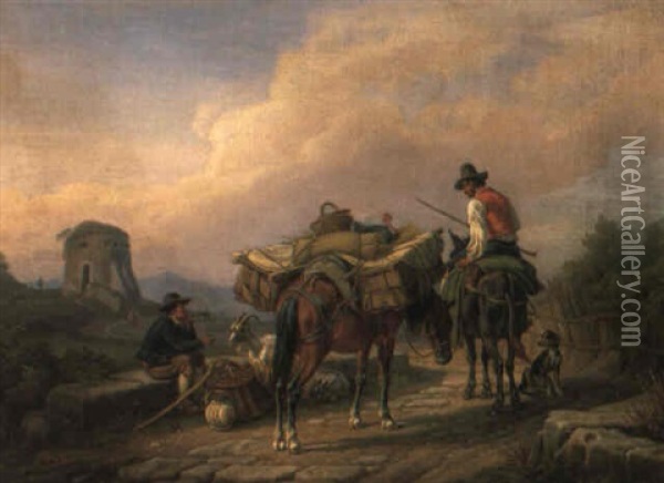 Italian Countryfolk Resting On The Way To The Market Oil Painting - Johann Adam Klein