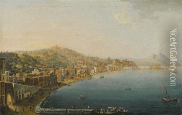 Naples, A View Of The Riviera Di Chiaia From The Convento Di Sant Antonio, With Vesuvius Smoking In The Distance Oil Painting - Pietro Antoniani