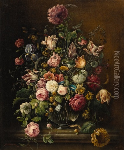 A Floral Still-life In A Vase Oil Painting - Josef (Oskar Becker) Osbeck
