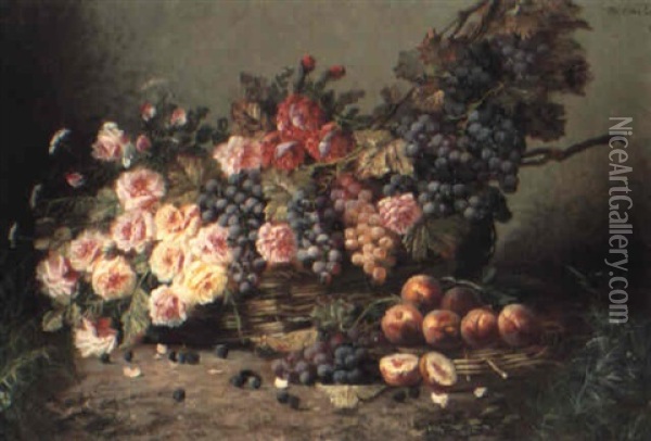 Still Life With Roses And Fruit In A Basket Oil Painting - Max Carlier