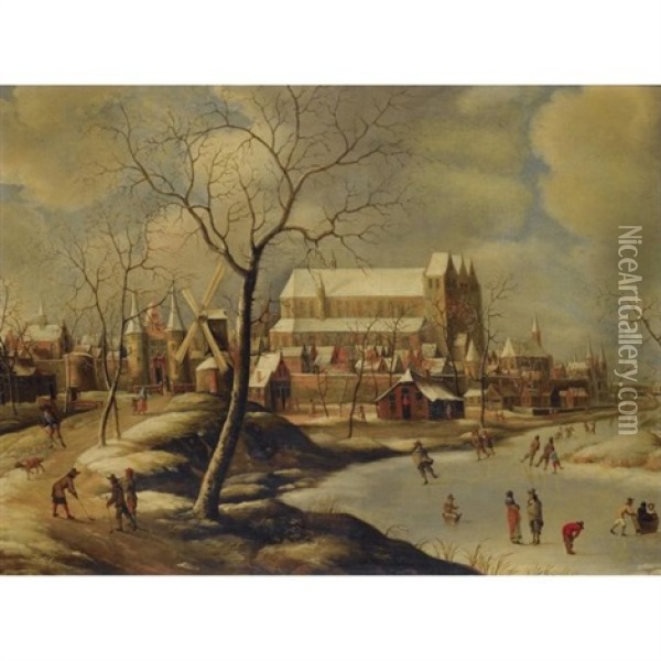 Winter Cityscape With Ice-skaters And Golfers Oil Painting - Jan Abrahamsz. Beerstraten