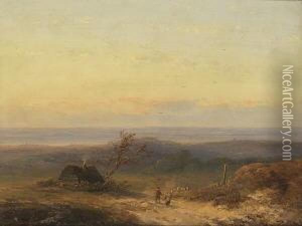 Schafer Mit Herde In Weiter
 Landschaft. Oil Painting - Johannes Franciscus Hoppenbrouwers