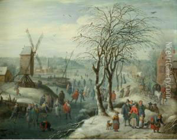 A Winter Landscape With Skaters On A Frozen River, A Village And Windmill Beyond Oil Painting - Karel Beschey