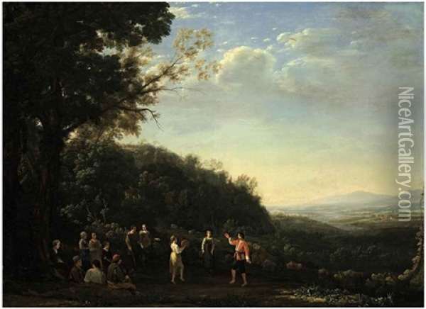 An Extensive Landscape With Shepherds And Shepherdesses Dancing Oil Painting - Claude Lorrain