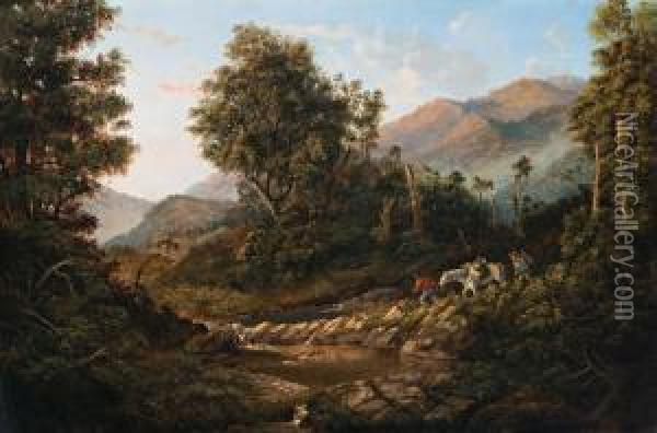 Gold Prospectors Crossing A Stream Oil Painting - Isaac Whitehead