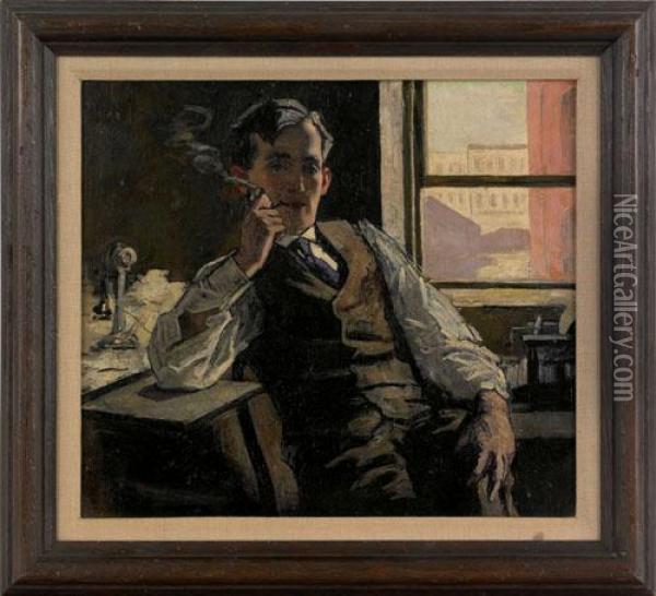 Interior Scene With A Gentleman Smoking Oil Painting - Percy Ives