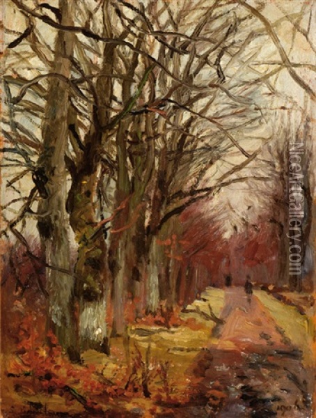 Trees By A Road (+ Figures On A Forrest Road; 2 Works) Oil Painting - Lion Schulman