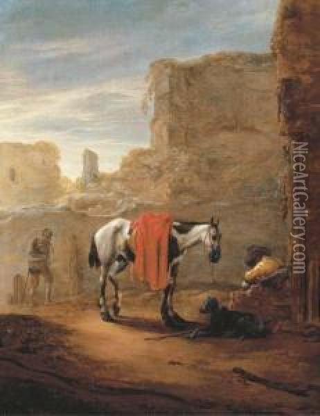 A Horse And Traveller Resting On A Road With Ruins Beyond Oil Painting - Pieter Cornelisz. Verbeeck