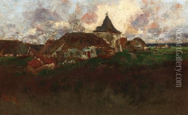 Kirchdorf In Weiter Feldlandschaft Oil Painting - Erich Nikutowski