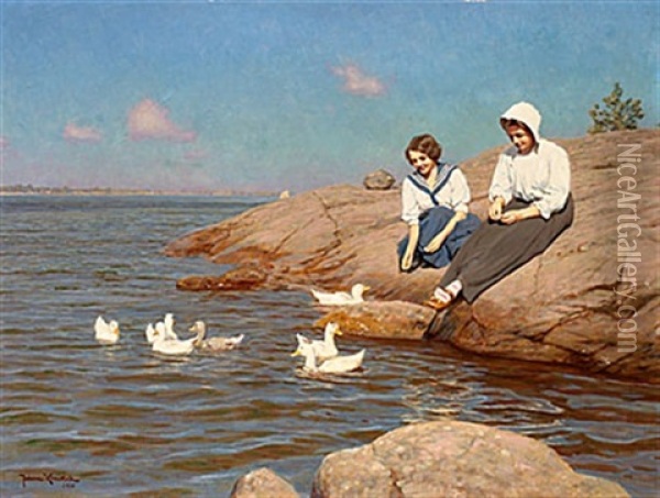 Flickor Pa Badklippa Oil Painting - Johan Fredrik Krouthen