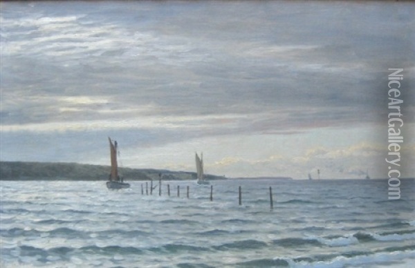 Sejlbade Og Skibe Naer Kysten Oil Painting - Christian Blache