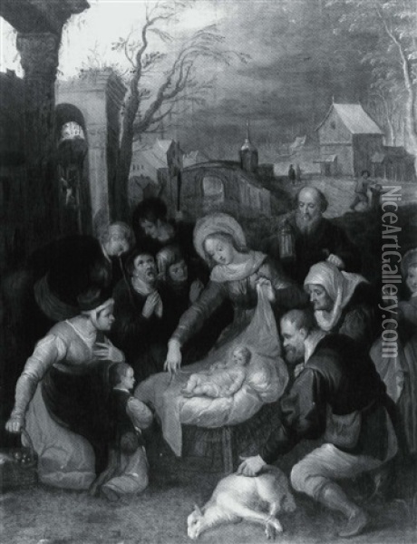 Adoration Of The Shepherds In The Foreground Of A Winter    Landscape Oil Painting - Hendrik van Balen the Elder