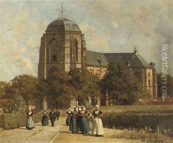 Kerkgangers In Zeeuwse Klederdracht Bij De Grote Kerk In Veere Oil Painting - Johannes Christiaan Karel Klinkenberg