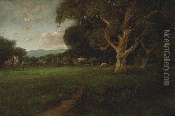 Cattle Grazing Under Sheltering Oaks Oil Painting - William Keith