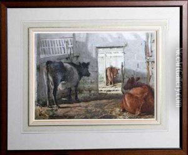 Three Cows In A Shed Oil Painting - Alfred Stevens