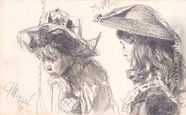 Studienblatt Zwei Madchen (A Study Of Two Girls) Oil Painting - Adolph von Menzel
