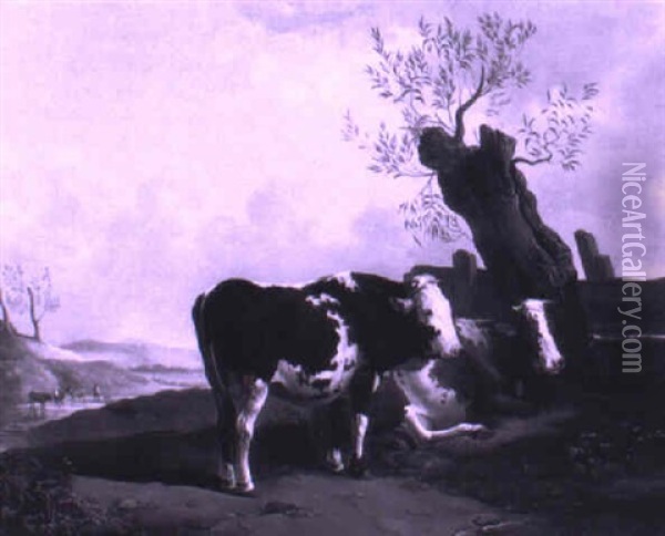 Cows Resting Along A River Oil Painting - Johann Baptist Dallinger von Dalling the Younger
