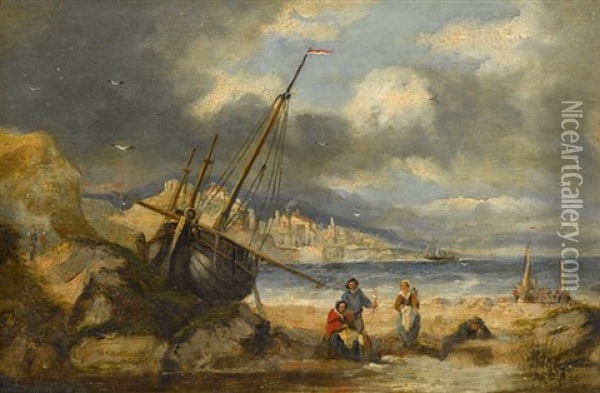 Fisherfolk Along The Shore Oil Painting - Hendrik Barend Koekkoek