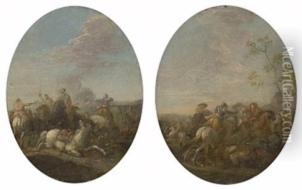 A Calvary Skirmish (+ Another, Similar; Pair) Oil Painting - Jan Frans van Bredael the Elder
