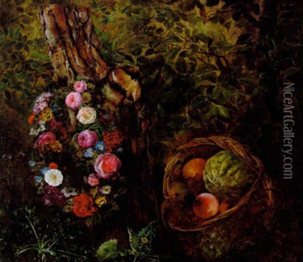Opstilling Med Blomsterkrans Pa En Traestub Samt Kurv Med Frugter Oil Painting - Henriette Melchior
