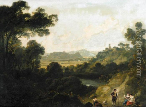 A Distant View Of Llantrisant 
Castle, Glamorganshire, With Figures Seated In The Foreground Oil Painting - Julius Caesar Ibbetson