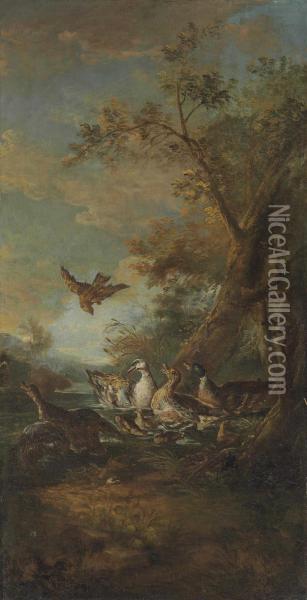 A Bird Of Prey, Ducks And Ducklings In A Landscape Oil Painting - Il Crivellino Giovanni Crivelli