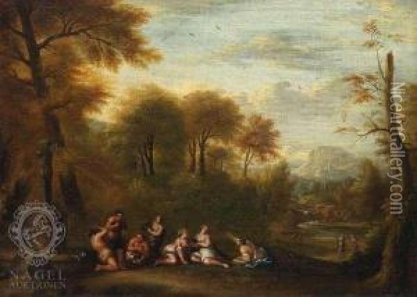 Satyrs And Nymphs In A Wooded Glade Oil Painting - Monogramme: M.B.