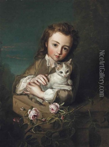A Young Boy Holding A Kitten, In A Rose Garden Oil Painting - Philip Mercier